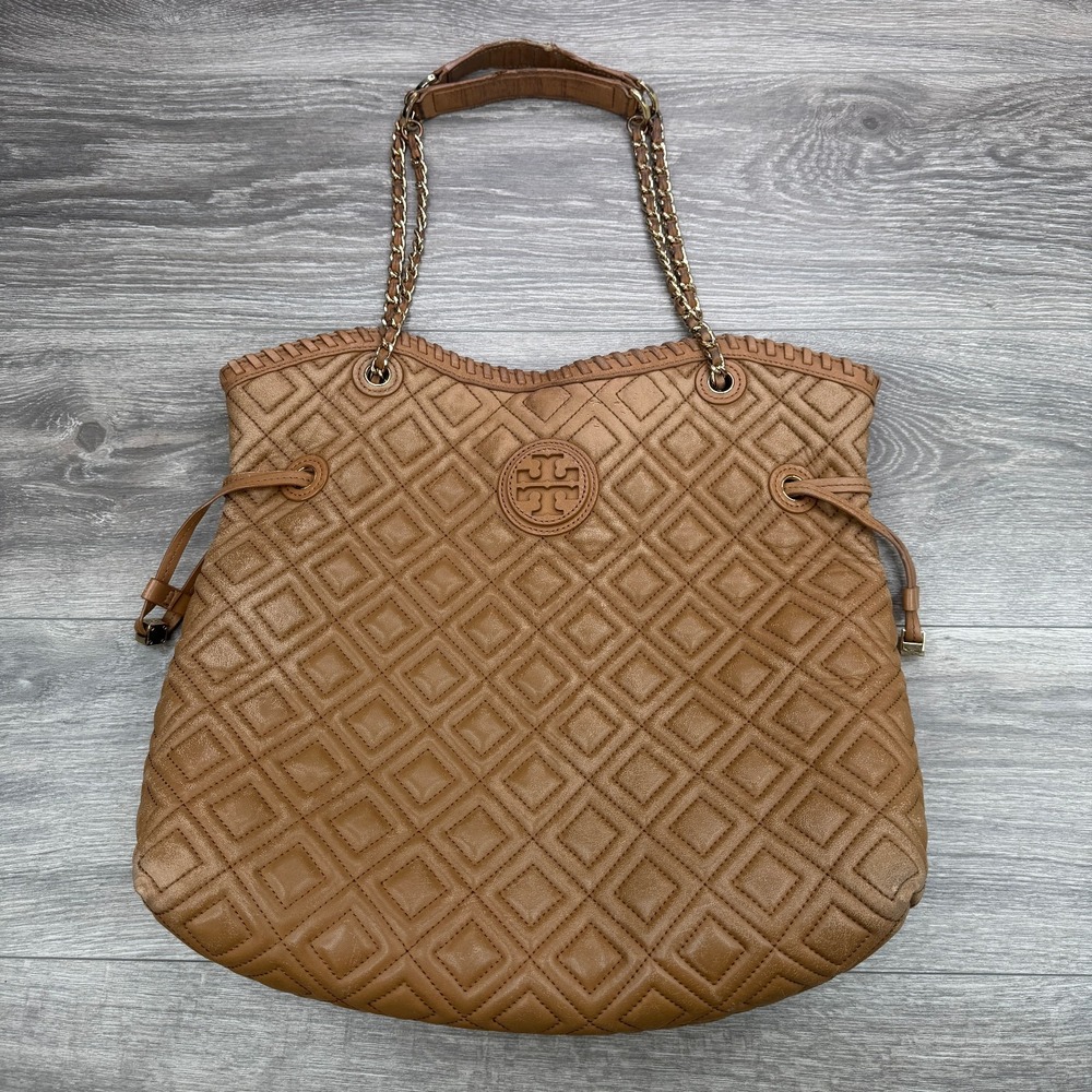 Tory Burch Marion Whipstitch Quilted Leather Large Slouchy Tote Bag Chain Strap